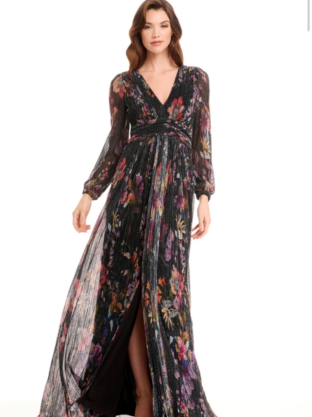 Dress the Population Black Floral Metallic Gown dress V neck